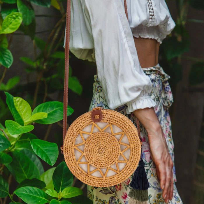 Round Rattan Bag (Sun) | 9-Inch Summer Essential Straw Bag for Women