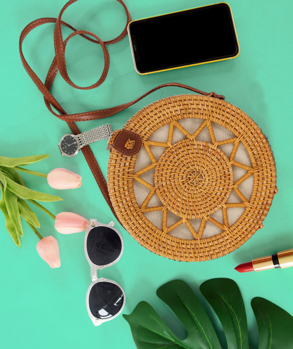 Round Rattan Bag (Sun) | 9-Inch Summer Essential Straw Bag for Women