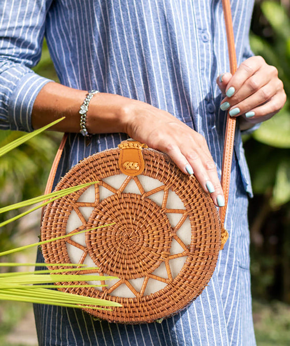 Round Rattan Bag (Sun) | 9-Inch Summer Essential Straw Bag for Women